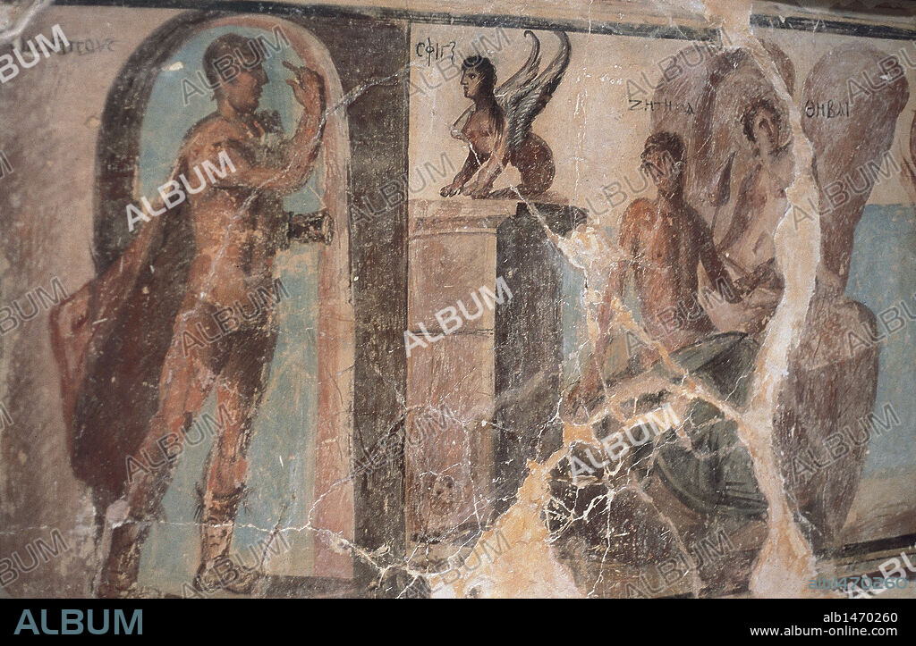 EDIPO. Héroe de la mitología griega, hijo de Layo y de Yocasta. El oráculo de Delfos predijo que mataría a su padre y se casaría con su madre. "EDIPO EXPLICANDO EL ENIGMA A LA ESFINGE". Fresco romano. Museo de El Cairo. Egipto.