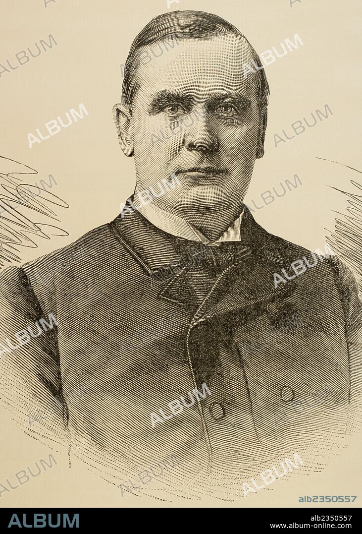 William Mac Kinley o McKinley, (1843-1901). Presidente de los Estados Unidos. Retrato. Grabado de "La Ilustración Española y Americana", 1890.