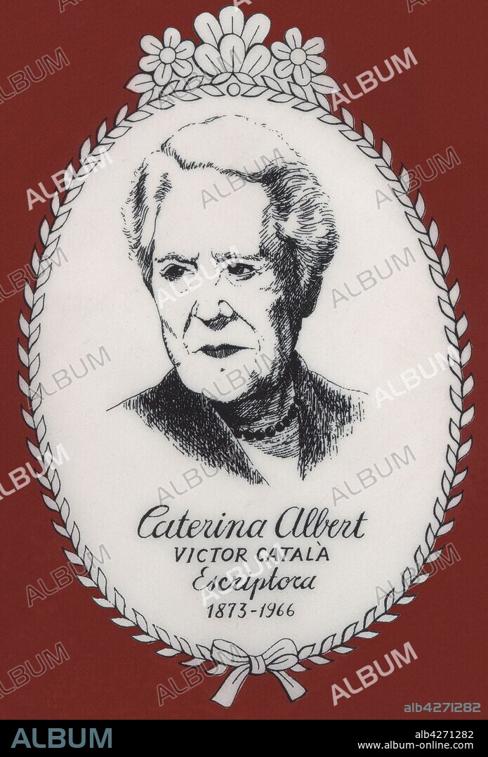 Caterina Albert Paradís (1869-1966), escritora catalana conocida por su seudónimo Victor Català. Dibujo impreso sobre tela.