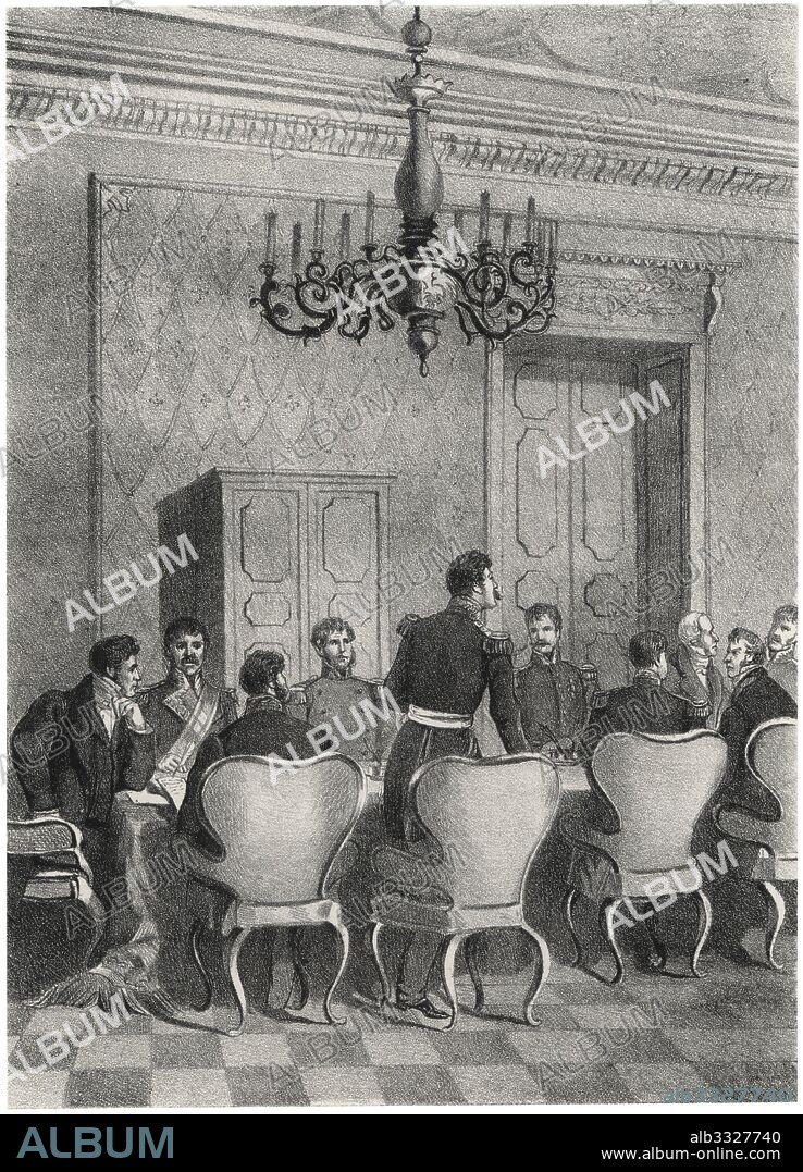 Historia de España. Congreso de Verona celebrado el 22 de noviembre de 1822, la cuádruple alianza decide la reinstauración del absolutismo en España reclamada por el rey Fernando VII tras el pronunciamineto del general Riego. Grabado de 1880.