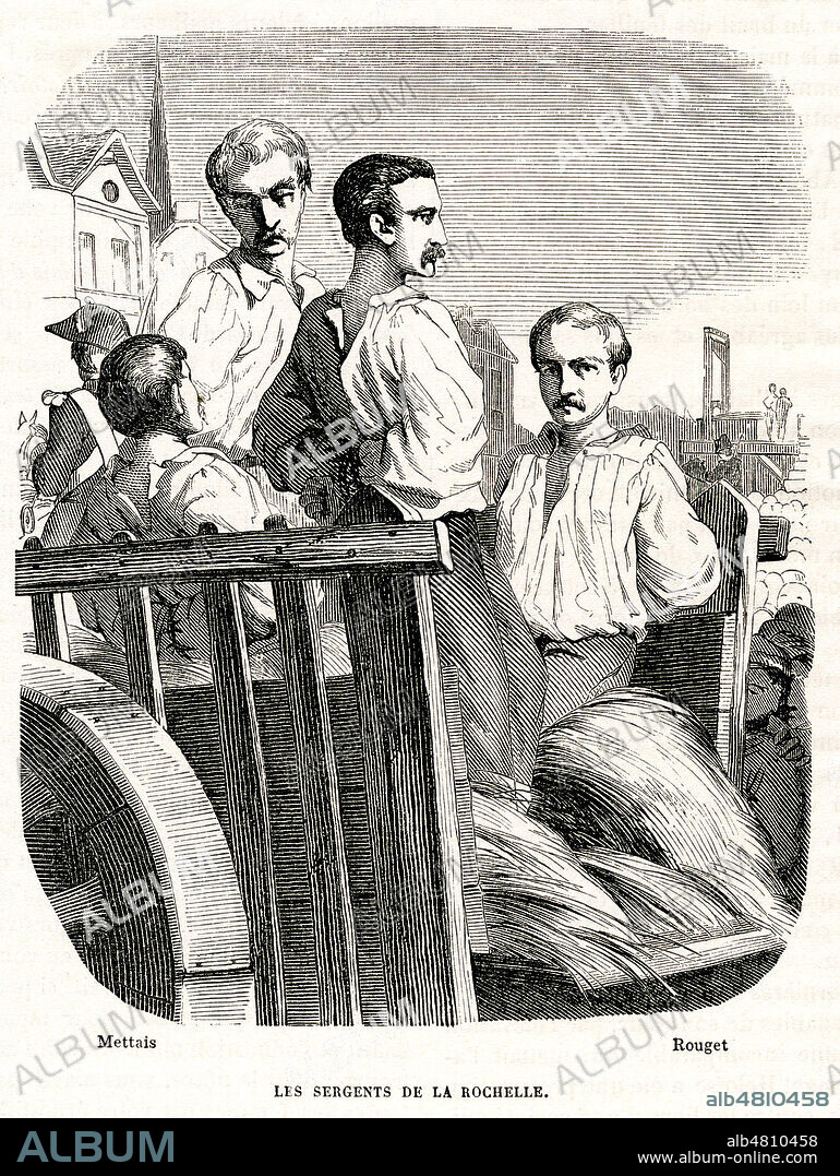 Execution des sergents de la Rochelle le 21 septembre 1822. apres leur conspiration contre LOUIS XVIII (1755-1824). Illustration de 1851 par Charles Joseph METTAIS (19 s.) pour Histoire des Martyrs de la Liberte par Alphonse ESQUIROS (1812-1876). Credit : Collection Jonas/Kharbine-Tapabor.