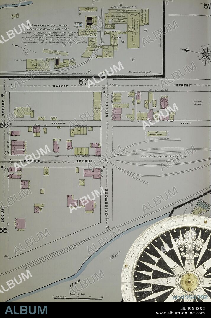 Image 39 of Sanborn Fire Insurance Map from Pittsburgh, Allegheny County, Pennsylvania. 1884 Vol. 2. 76 Sheet(s). Includes South Side, Allegheny. Double-paged plates numbered 38-74. Bound, America, street map with a Nineteenth Century compass.