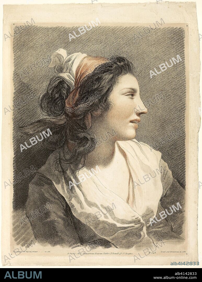 THE YOUNGER GILLES ANTOINE DEMARTEAU. Large Female Head. Gilles Antoine Demarteau, the Younger (Flemish, c. 1750-1806); after Francois-Andre Vincent (French, 1746-1816). Date: 1788. Dimensions: 522 × 411 mm (plate); 586 × 438 mm (sheet). Crayon-manner etching and engraving in red and black ink from two plates on ivory laid paper. Origin: Flanders.