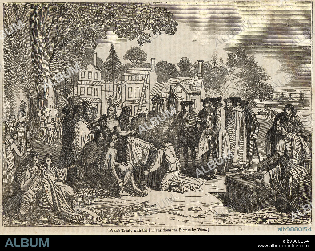 William Penn with Chief Tamanend of the Lenape Delaware Nation under an elm tree in Shackamaxon, Pennsylvania, 1683. William Penn's Treaty with the Indians, from the painting by Benjamin West. Woodblock engraving by J. Jackson from The Penny Magazine, of the Society for the Diffusion of Useful Knowledge, printed by William Clowes, Lambeth, 1833.
