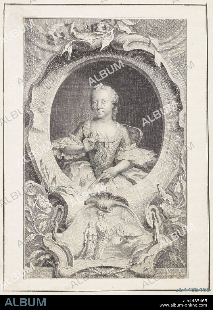 Portrait of Carolina, princess of Oranje-Nassau, Portrait of Carolina in an oval with border lettering. There are a number of allegorical objects around it. On the relief an allegorical representation in which Minerva the young Carolina points to Father Time, (story of) Minerva (Pallas, Athena), Carolina (princess of Orange-Nassau), Jacob Houbraken, Amsterdam, 1754, paper, etching, h 346 mm × w 217 mm.