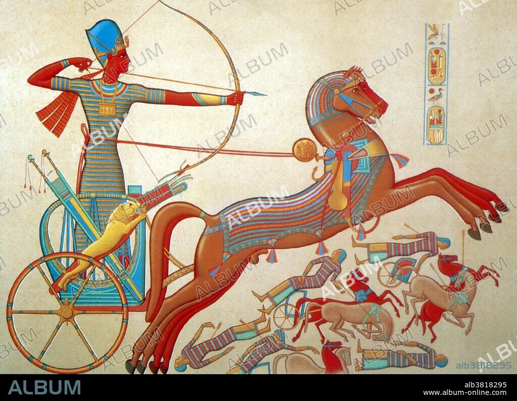 The Battle of Kadesh took place between the forces of the Egyptian Empire under Ramesses II and the Hittite Empire under Muwatalli II at the city of Kadesh on the Orontes River, just upstream of Lake Homs near the modern Syrian-Lebanese border. The battle is generally dated to 1274 BC in the conventional Egyptian chronology, and is the earliest battle in recorded history for which details of tactics and formations are known. It is believed to have been the largest chariot battle ever fought, involving between 5,000 and 6,000 chariots in total. As a result of the multiple Kadesh inscriptions, it is the best documented battle in all of ancient history. Ramesses II was the third Egyptian pharaoh of the Nineteenth dynasty. He is often regarded as the greatest, most celebrated, and most powerful pharaoh of the Egyptian Empire. He built extensively throughout Egypt and Nubia, and his cartouches are prominently displayed even in buildings that he did not actually construct. He built on a monumental scale to ensure that his legacy would survive the ravages of time. He used art as a means of propaganda for his victories over foreigners, which are depicted on numerous temple reliefs. He also erected more colossal statues of himself than any other pharaoh. He also usurped many existing statues by inscribing his own cartouche on them. Colored bas-relief from temple at Abu Simbel.