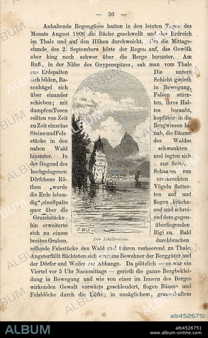 Schillerstein, Myth stone at the entrance to Lake Uri (southern part of Lake Lucerne), signed: J. Weber, Fig. 13, p. 30, Weber, Johannes (del.); Orell Füssli & Co. (exc.), 1882, Jakob Hardmeyer: Die Gotthardbahn. Zürich: Druck, Verlag und Illustration von Orell Füssli & Co., [188-].