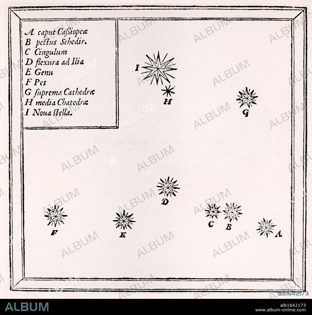 Tycho Brahe's drawing of the supernova of 1572 (1). On his way home on the night of 11 November 1572, Tycho noticed an unfamiliar bright star in the constellation Cassiopeia. Woodcut from "De Stella Nova", by Tycho Brahe (1573). Tycho Brahe (Tyge Ottesen Brahe - 1546-1601) Danish astronomer, astrologer and alchemist who built astronomical instruments which enabled him to make the most accurate observations of his time.  (Photo by: Universal History Archive/UIG via Getty Images).