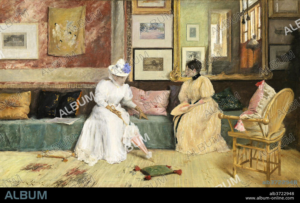 WILLIAM MERRITT CHASE. A Friendly Call. Dated: 1895. Dimensions: overall: 76.5 x 122.5 cm (30 1/8 x 48 1/4 in.)  framed: 100 x 145.7 x 7.6 cm (39 3/8 x 57 3/8 x 3 in.). Medium: oil on canvas.