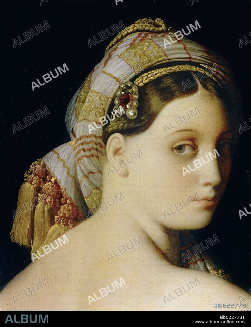 JEAN AUGUSTE DOMINIQUE INGRES. La Grande Odalisque - The Great Odalisque. Detail of her face. For overall view please see 40-11-02/37. 
Oil on canvas (1814) 
91 x 182 cm 
R.F. 1158.
