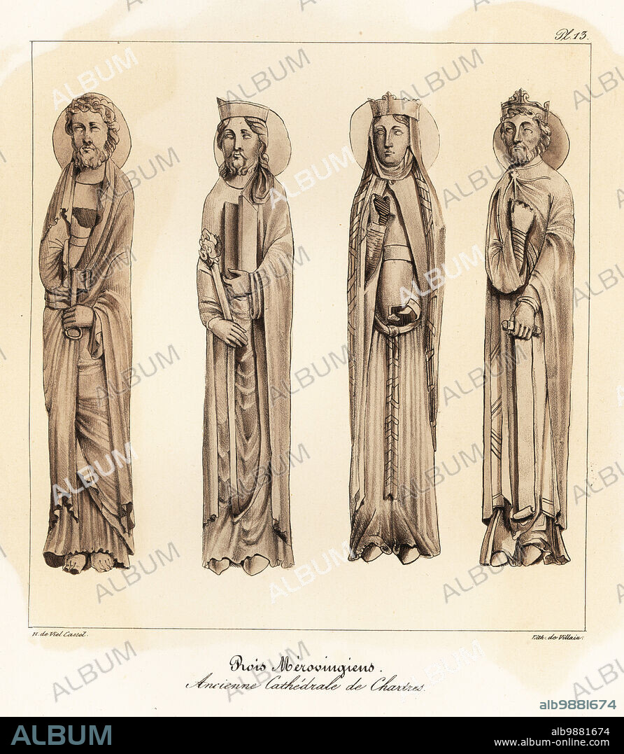 Merovingian kings and queens from the jambs of the Royal Portal, Chartres Cathedral. Now identified as Old Testament figures. Rois Merovingiens, Ancienne Cathedrale de Chartres. Tinted lithograph by Villain after an illustration by Horace de Viel-Castel from his Collection des costumes, armes et meubles pour servir à l'histoire de la France (Collection of costumes, weapons and furniture to be used in the history of France), Treuttel & Wurtz, Bossange, 1827.