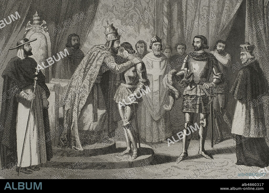 Conflicto por Sicilia. A la muerte de Pedro III de Aragón, el infante Federico fué nombrado regente del Reino de Sicilia. El infante Federico y Roger de Lauria se entrevistaron con el papa Bonifacio VIII que quería convencerlo para que no aceptara el trono, ya que los sicilianos lo deseaban como rey de Sicilia. Finalmente fué coronado en Palermo por los nobles en 1296. Dibujo por Urrabieta. Grabado por A. Roca. Historia de Cataluña y de la Corona de Aragón, por Victor Balaguer. Editada en Barcelona,1862.