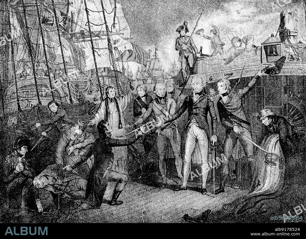 DANIEL ORME. ''The Battle off Cape St. Vincent;Commodore Nelson receiving the Sword of the Dying Spaninish Admiral, Don Xavier Winthvysen on board the "San Josef" February 14 1797, after Orme.' 1891. From "The Graphic. An Illustrated Weekly Newspaper", Volume 44. July to December, 1891.