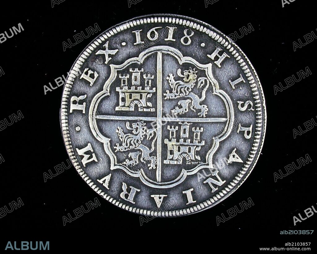 NUMISMATICA. MONEDA MODERNA. OCHO REALES DE PLATA, DE FELIPE III. REVERSO. CRUZ EQUILATERAL CANTONADA DE CASTILLOS Y LEONES.1618. (DEPOSITO: MUSEO ARQUEOLOGICO NACIONAL).