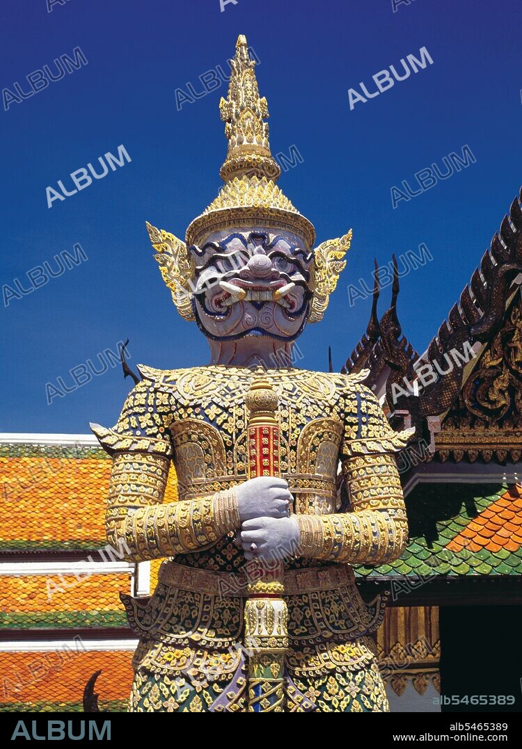 Yaksha is the name of a broad class of nature-spirits, usually benevolent, who are caretakers of the natural treasures hidden in the earth and tree roots. They appear in Hindu, Jain and Buddhist mythology. The Ramakien is the Thai version of the Indian epic, the Ramayana or the 'Romance of Rama', and has an important influence on Thai literature, art and drama. It is regarded as the National Epic of Thailand. Wat Phra Kaew (Temple of the Emerald Buddha); full official name Wat Phra Si Rattana Satsadaram is regarded as the most sacred Buddhist temple in Thailand. It is located within the precincts of the Grand Palace. The Grand Palace served as the official residence of the Kings of Thailand from the 18th century onwards. Construction of the Palace began in 1782, during the reign of King Rama I, when he moved the capital across the river from Thonburi to Bangkok.