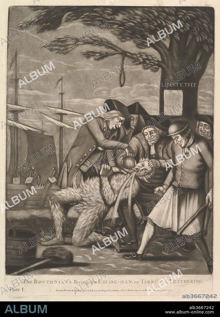 The Bostonians Paying the Excise-Man, or Tarring & Feathering. Artist: Attributed to Philip Dawe (British, 1745?-?1809). Dimensions: sheet: 14 x 10 1/8 in. (35.6 x 25.7 cm)
plate: 15 9/16 x 10 15/16 in. (39.5 x 27.8 cm). Publisher: R. Sayer and J. Bennett (London). Date: October 31, 1774.