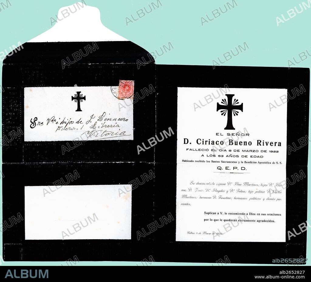Esquela mortuoria en forma de carta y sobre para su envío por correo. Año 1922.