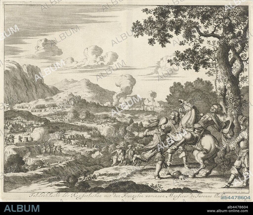Battle of Sasbach, 1674 Feldschlacht der Keyserlichen mit den Franzosen worinnen Monsieur de Turenne bleibet (title on object), Battle of Sasbach (or Salzbach or Rosentach) between the imperial army and the French army, July 27, 1675. Marshal Turenne died at the battle. Turenne is hit by a bullet sitting on his horse, battle (land forces), violent death, being killed, being mishandled and maltreated, seeking death, Sasbach, Henri de Latour d'Auvergne, vicomte de Turenne, Jan Luyken (mentioned on object), Amsterdam, 1680, paper, etching, h 272 mm × w 344 mm.