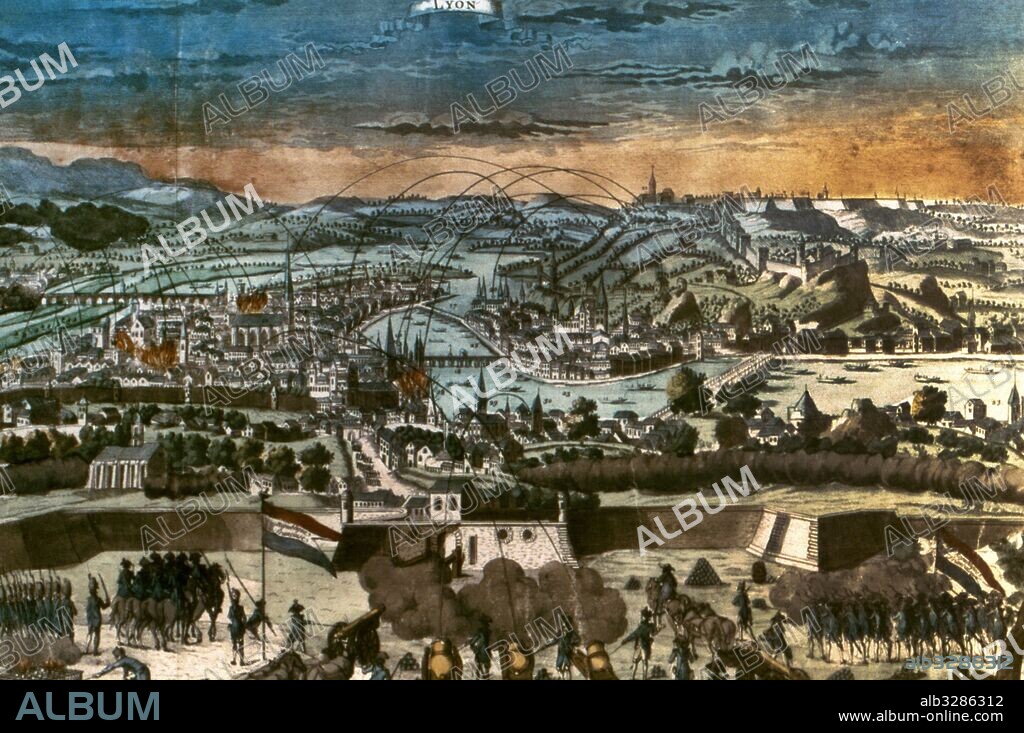 Revolución Francesa (1789-1799). La ciudad de Lyon en 1793 se levantó contra la Convención y sufrió una represión cruenta. Asedio de Lyon por las tropas francesas, del 8 de agosto al 9 de octubre de 1793. Aguafuerte.