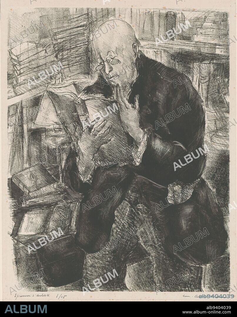 LUC ALBERT MOREAU. Reading man in a library, In a room full of books, a bald man stands with a book in his hands. On his nose he wears a pince-nez., print maker: Luc-Albert Moreau, (signed by artist), Paris, 1892 - 1948, Material, height 510 mm × width 435 mm.