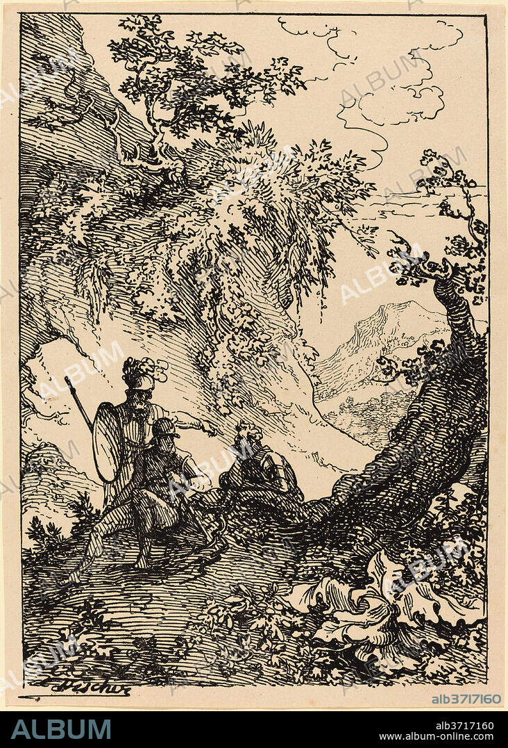 JOSEPH FISCHER. Landscape with Men in Armor, Tree Stump. Dated: 1803. Medium: pen-and-tusche lithograph.