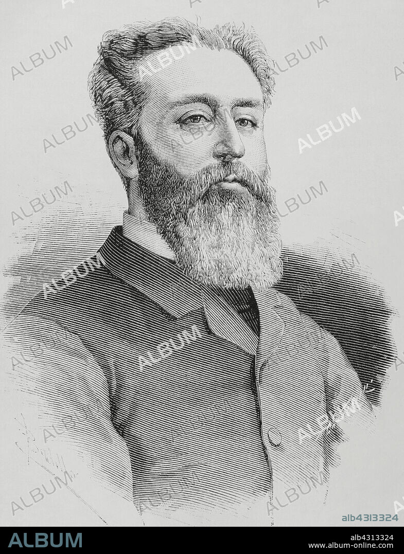 ARTURO CARRETERO (CA. 1852-1903). SPANISH ENGRAVER AND XYLOGRAPH. FÉLIX BADILLO (1848-1895). SPANISH ILLUSTRATOR.. Alejandro Pidal y Mon (1846-1913). Spanish jurist, politician and academic. Minister of Public Works (1884-1885) in a government of Cánovas del Castillo. Member and director of the Real Academia Española (Royal Spanish Academy). In 1881 he founded the Unión Católica party. President of the Congress of Deputies (1891-1893, 1896-1898 and 1899-1900). Portrait. Drawing by Badillo. Engraving by Arturo Carretero (1852-1903). La Ilustración Española y Americana (The Spanish and American Illustration), February 8, 1884.