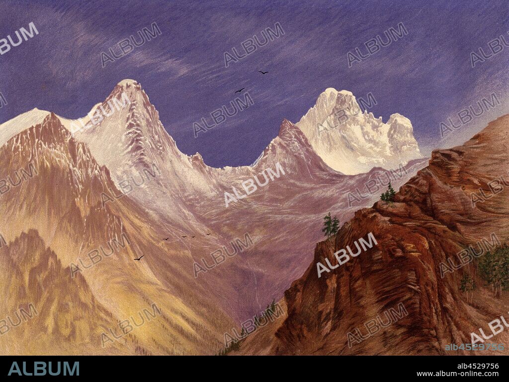Monte Viso, from the neck of the Cross, Monte Viso in the Cottian Alps, Fig. 2, according to p. 8, Walton, Elijah (pinx.); Lowes, J. H. (chromolith. after Elijah Walton), 1867, Elijah Walton; J. H. Lowes; Thomas G. Bonney: The peaks and valleys of the Alps. London: published by Day and Son, limited, 1867.