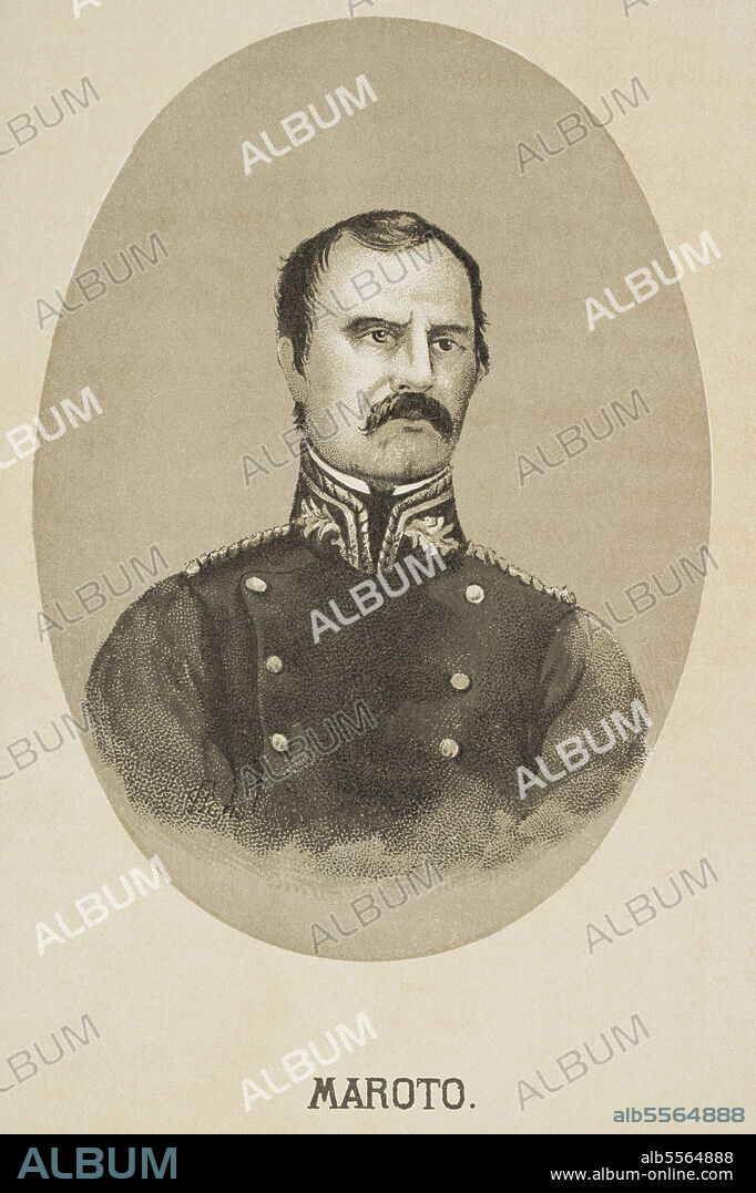 Rafael Maroto (1783-1847). Militar español. Se unió a las tropas del pretendiente al trono español Carlos V (Carlos María Isidro de Borbón) en la Primera Guerra Carlista. Junto con Espartero protagonizó el Abrazo de Vergara (31 de agosto de 1839) que puso fin a la contienda. Retrato. Historia de la Revolución Española (desde la Guerra de la Independencia a la Restauración en Sagunto), por Vicente Blasco Ibáñez. Tomo II. Publicado en Barcelona, 1891.