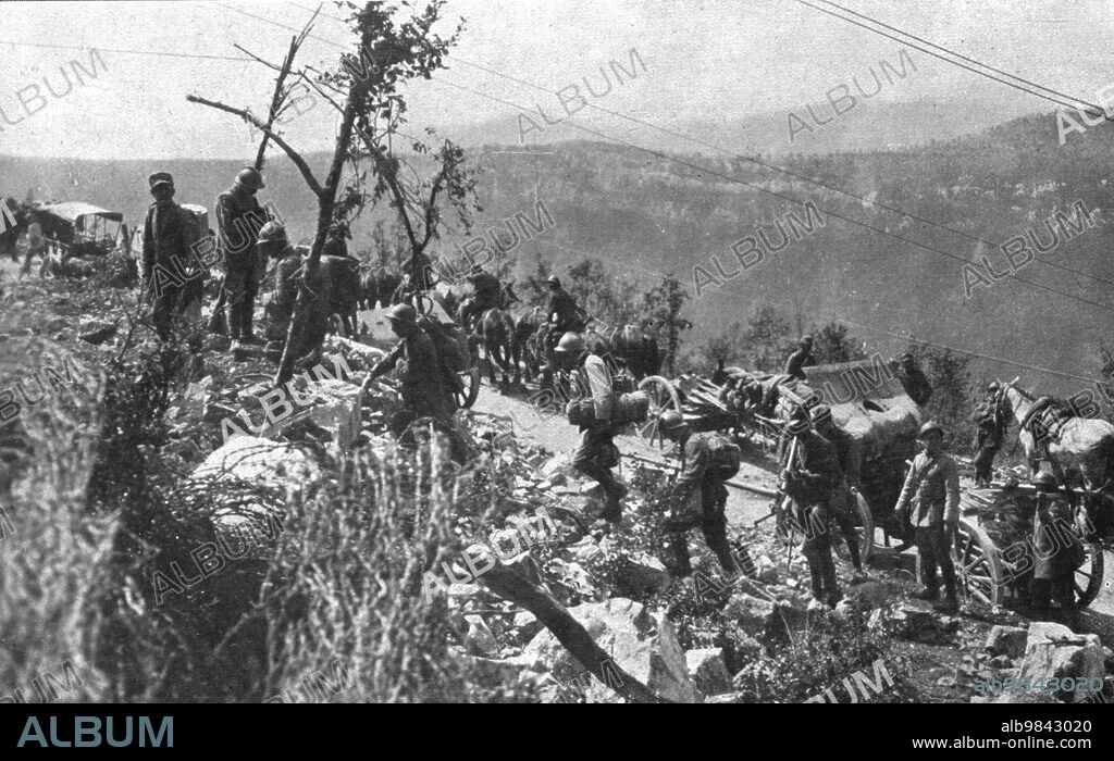 Italian Offensive of Isonzo; An artillery column on the plateau of Vodice, east of Plave, 1917. From "L'Album de la Guerre 1914-1919, Volume 2" [L'Illustration, Paris, 1924].