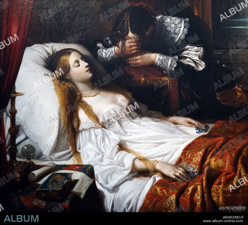 The Bride of Death by Thomas Jones Barker (1815-1882). 'The Bride in Death' tells a sad story. A young woman lies dead on the eve of her wedding, mourned by the man she was to marry. Thomas Jones Barker (1815 - 29 March 1882) was an English historical, military, and portrait painter.