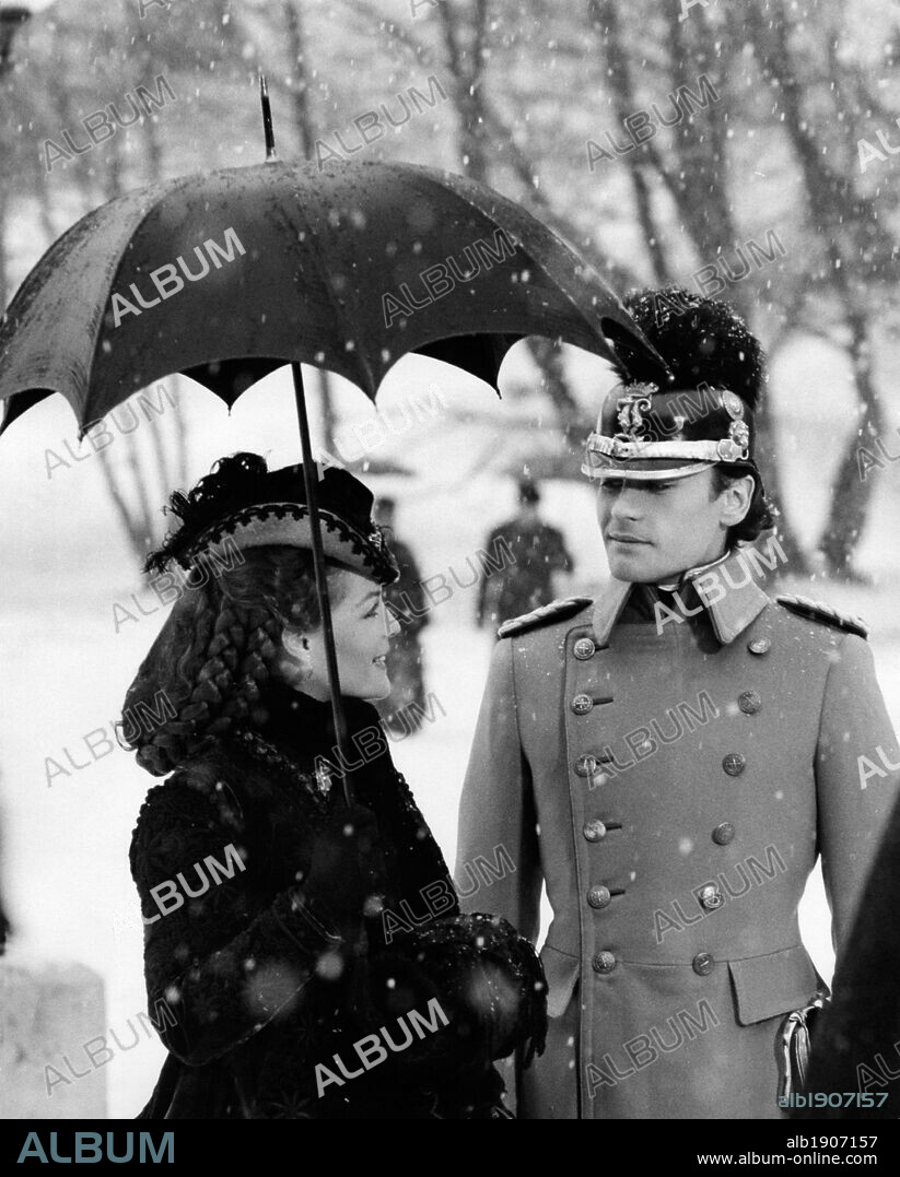 Helmut Berger and Romy Schneider in 'Ludwig'. Austrian actor Helmut Berger and Austrian-born French actress Romy Schneider acting in the film 'Ludwig'. The set is located in the garden of the Kaiservilla. Bad Ischl, 1972.
