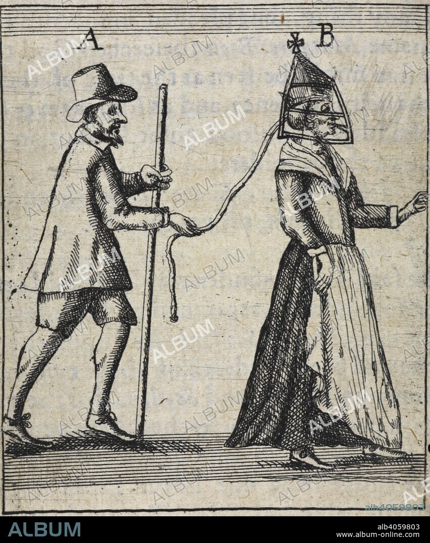 RALPH GARDINER. A woman wearing a faceguard. A mean holding a lead attached to the faceguard. Englands grievance discovered in relation to the coal-trade. With the map of the River of Tine and situation of the town and corporation of Newcastle. London : For R. Ibbitson and P. Stent, 1655. Source: 1029.b.4. Language: English.
