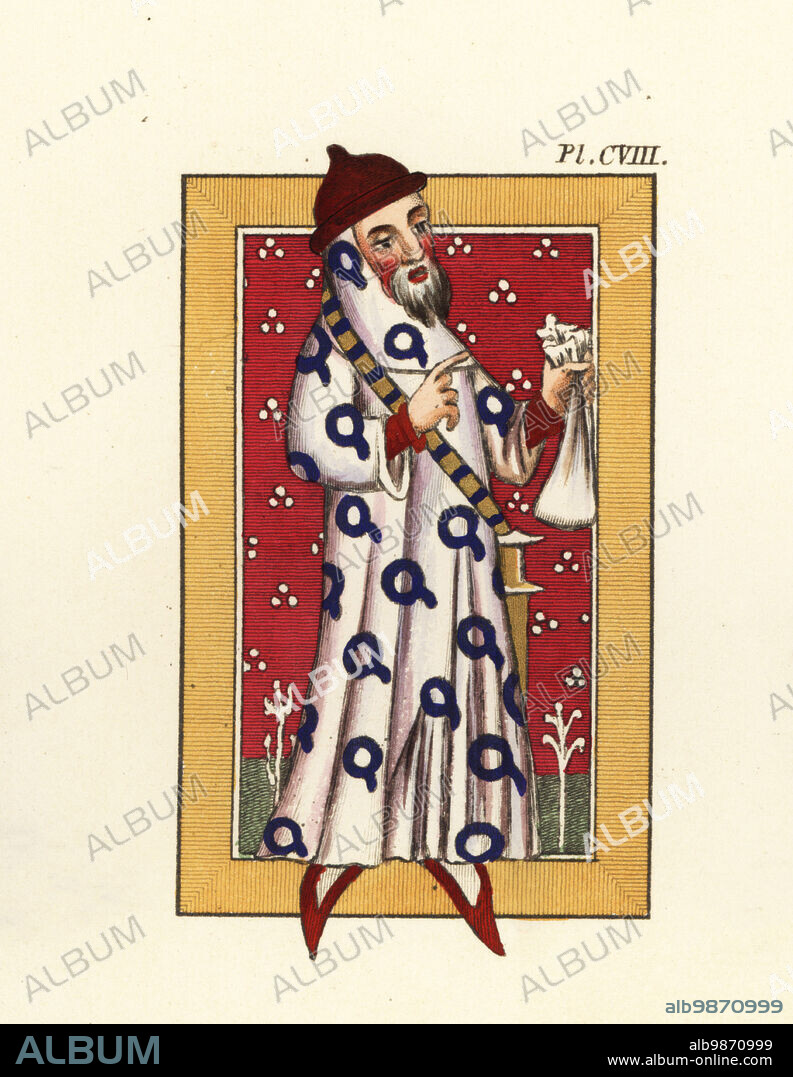 Sir Neil Loring (Nigel Lorringe), medieval English soldier and diplomat and a founding member of the Order of the Garter, c. 1320-1386. Old man in red cap and shoes, white robe decorated with blue garters, holding a purse. From the Golden Book of St Albans, Cotton MS Nero D vii, f.105v. Handcoloured engraving by Joseph Strutt from his Complete View of the Dress and Habits of the People of England, Henry Bohn, London, 1842.