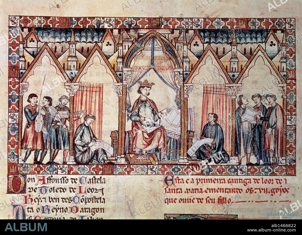 ALFONSO X EL SABIO (Toledo, 1221-Sevilla, 1284). Rey de Castilla y León (1252-1284). S. XIII. "CANTIGAS DE SANTA MARIA". Obra poética compuesta por 420 canciones en lengua gallega. Biblioteca del Monasterio de El Escorial. Comunidad de Madrid (Patrimonio Nacional) .
