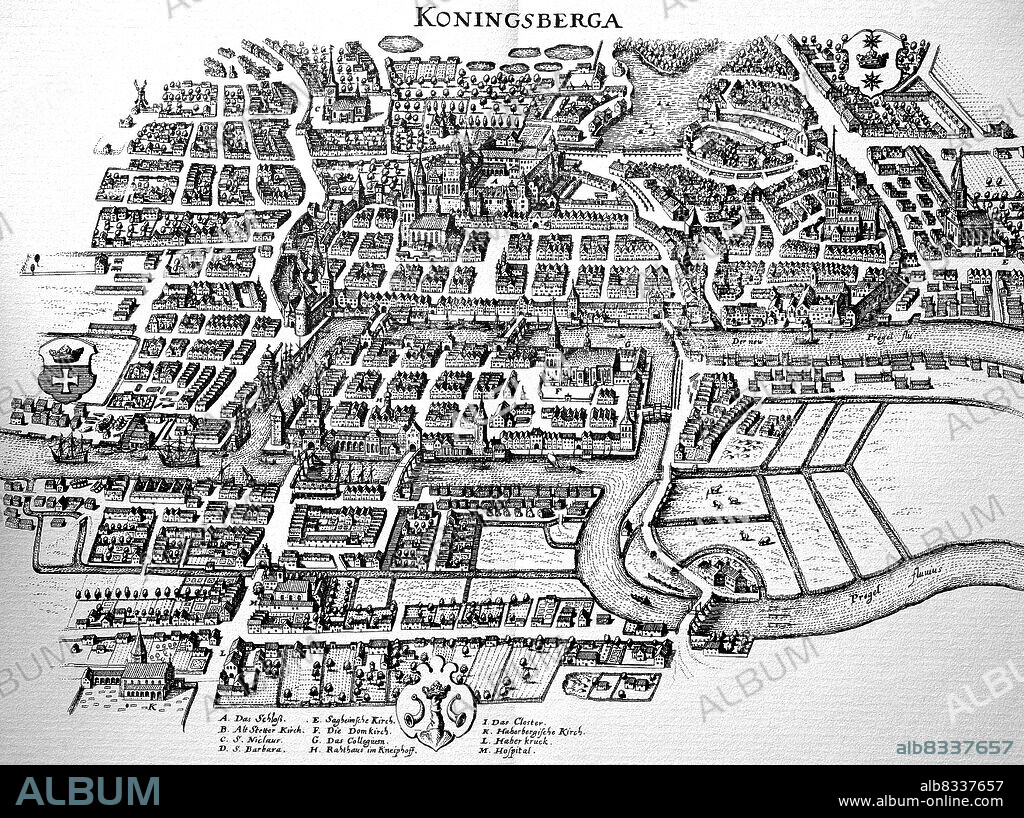 Knigsberg im Mittelalter, heute Kaliningrad, Stadtplan, heute Russland / Knigsberg in the Middle Ages, today Kaliningrad, city map, today Russia, historical, digital improved reproduction of an original from the 18th century / digital restaurierte Reproduktion einer Originalvorlage aus dem 18. Jahrhundert, genaues Originaldatum nicht bekannt.