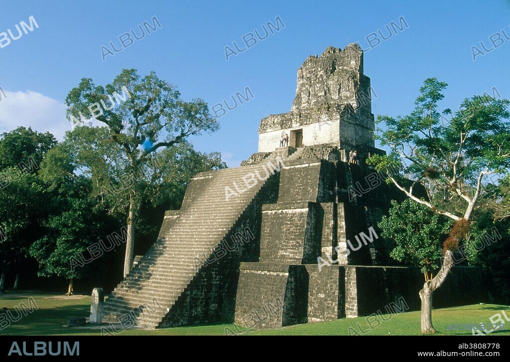 The ancient Mayan city of Tikal in Guatemala, which reached its height in the years 200 to 900 AD. Shown here is Temple 2 at Great Plaza (Plaza Mayor).