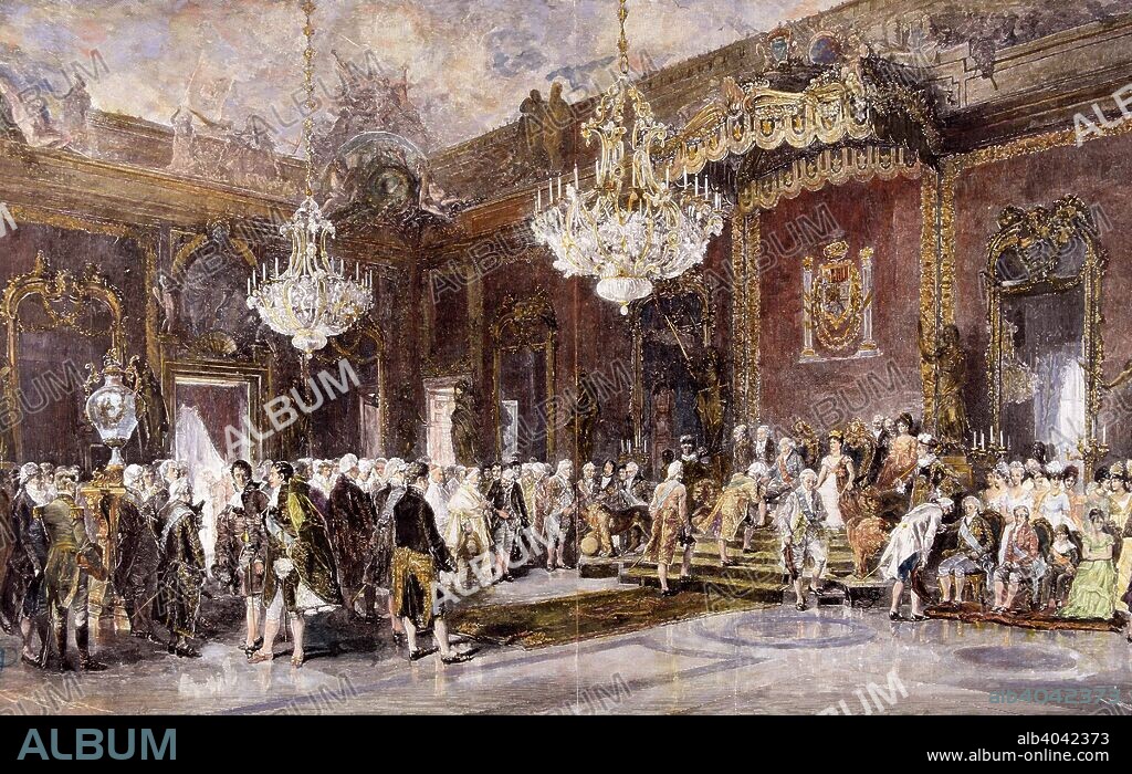 CARLOS IV. REY DE ESPAÑA. 1748-1819 " UN BESAMANOS EN EL REAL PALACIO DE MADRID  REINANDO  CARLOS IV " AÑO 1804 GRABADO COLOREADO DE LA "ILUSTRACION ESPAÑOLA Y AMERICANA". S/XIX.