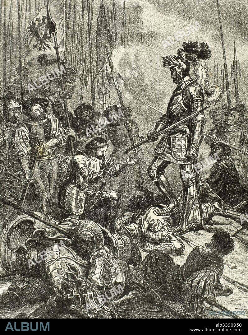 The battle of Pavia. Held on February 24, 1525 between the French army under King Francis I (1494-1547) and German-Spanish troops of Emperor Charles V (1500-1558), who won the battle. Francis I of France made prisoner after his defeat. Engraving.