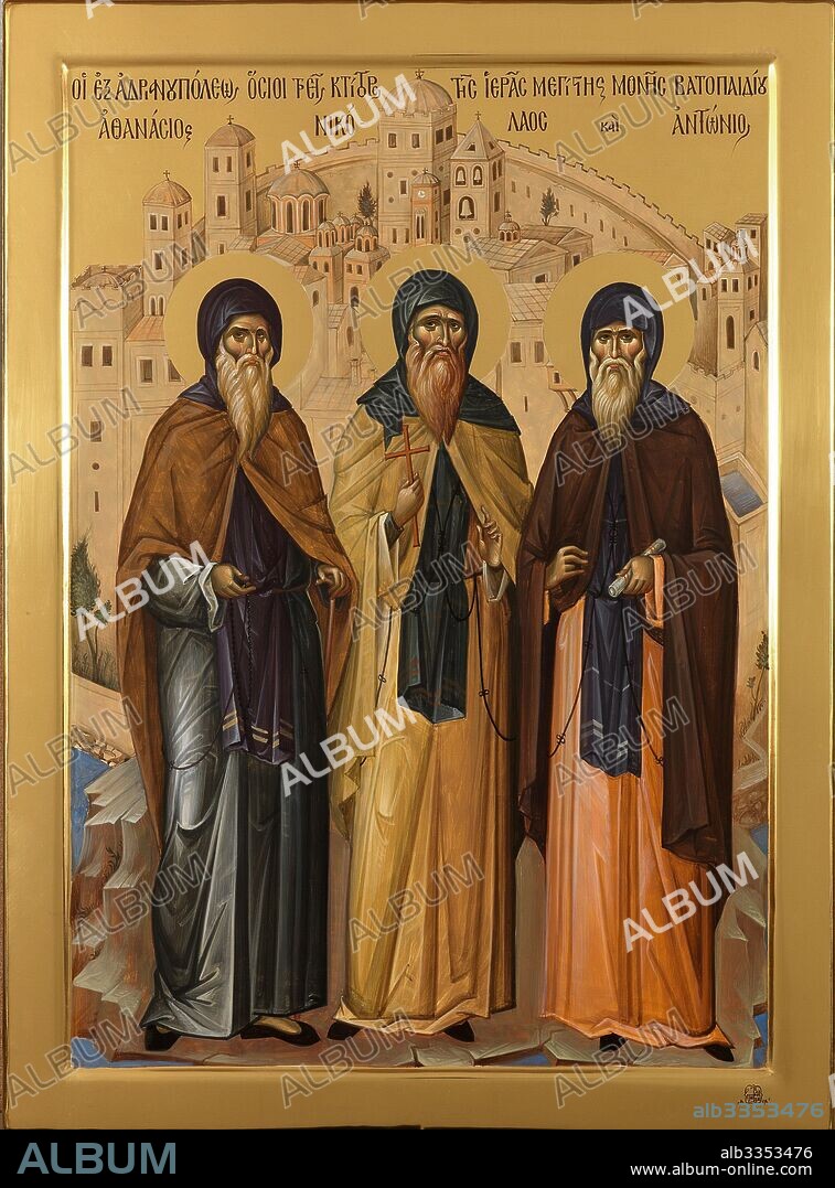 GREEK ICON. Saints Athanasius, Nicholas, and Antonius, Founders of the Holy and Great Monastery of Vatoped.