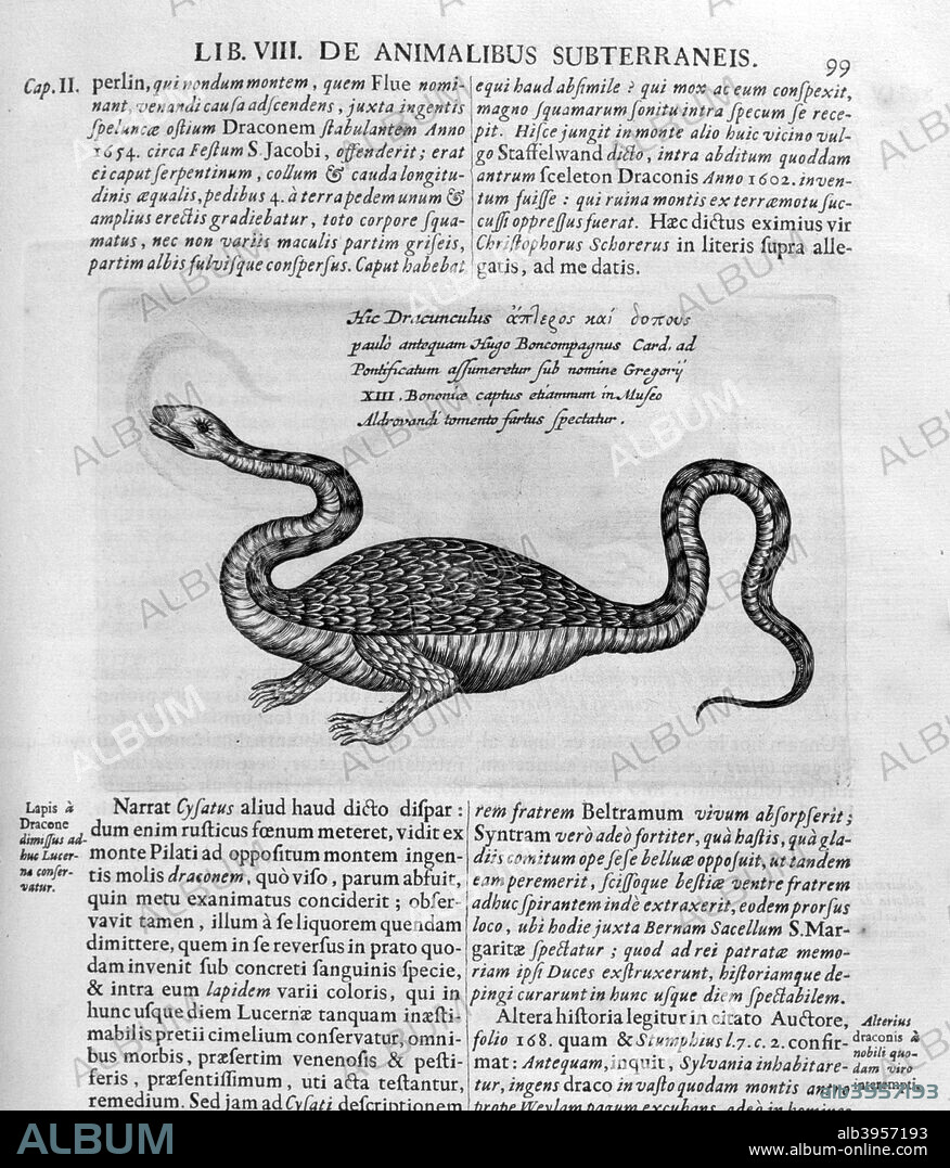 Small dragon, 1678. A print from Mundus subterraneus, by Athanasius Kircher, Amsterdam, 1678. Kircher?s Mundus Subterraneus marks the first serious effort to describe the physical makeup of the earth.