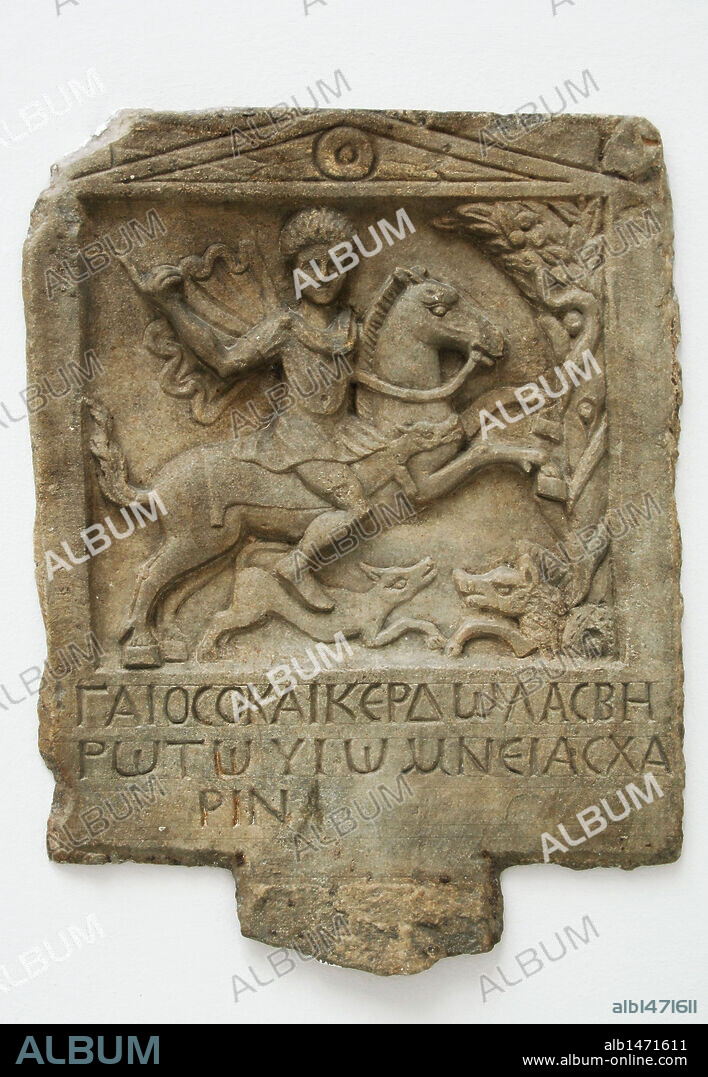 Culture Thrace. Marble funerary relief depicting a thracian horseman. Dated in the second and third centuries A.D. It comes from Macedonia. Museum of Fine Arts. Budapest. Hungary.