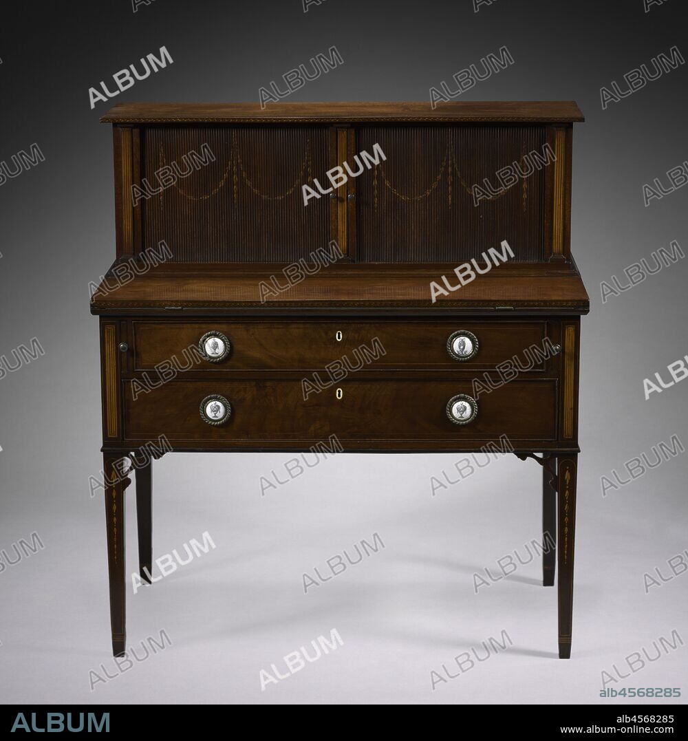 Tambour Desk, c. 1800. The severely rectilinear form, delicate inlay, sliding tambour doors, and blue-painted interior of this small desk relate it to the work of the English-born cabinetmaker John Seymour and his son, Thomas, who were in partnership in Boston during the years around 1800. The Seymours made some of the most sophisticated American furniture in the Hepplewhite style, so-called from the Englishman whose publication of furniture designs was widely influential on both sides of the Atlantic.
