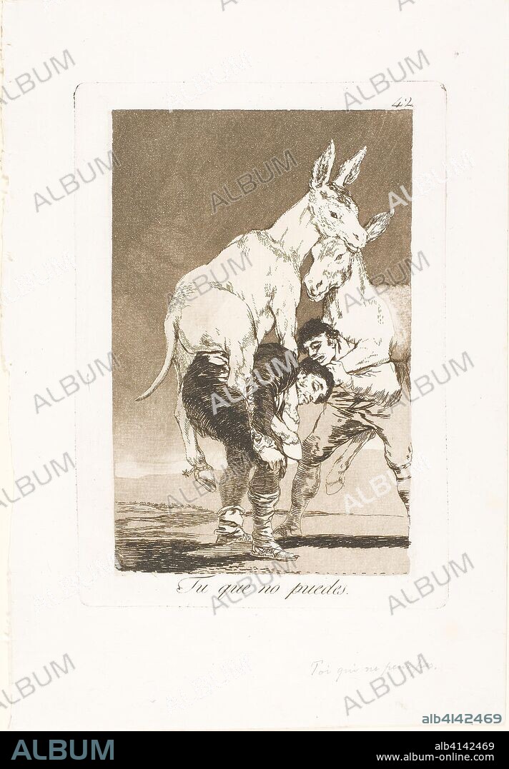 FRANCISCO DE GOYA. Thou Who Canst Not, plate 42 from Los Caprichos. Francisco José de Goya y Lucientes; Spanish, 1746-1828. Date: 1797-1799. Dimensions: 190 x 122 mm (image); 215 x 151 mm (plate); 301 x 207 mm (sheet). Etching and aquatint on ivory laid paper. Origin: Spain.