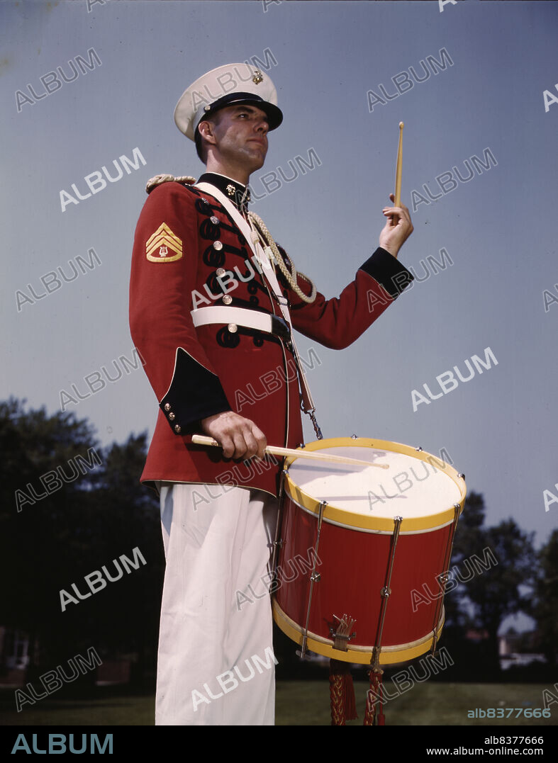 ALFRED T PALMER. U.S. Marine Band drummer, probably at the Marine Barracks, Washington, D.C. Photograph shows Charles Owen, a marimba soloist with the United States Marine Band and timpanist with the U.S. Marine Band and Orchestra from 1934 to 1954.