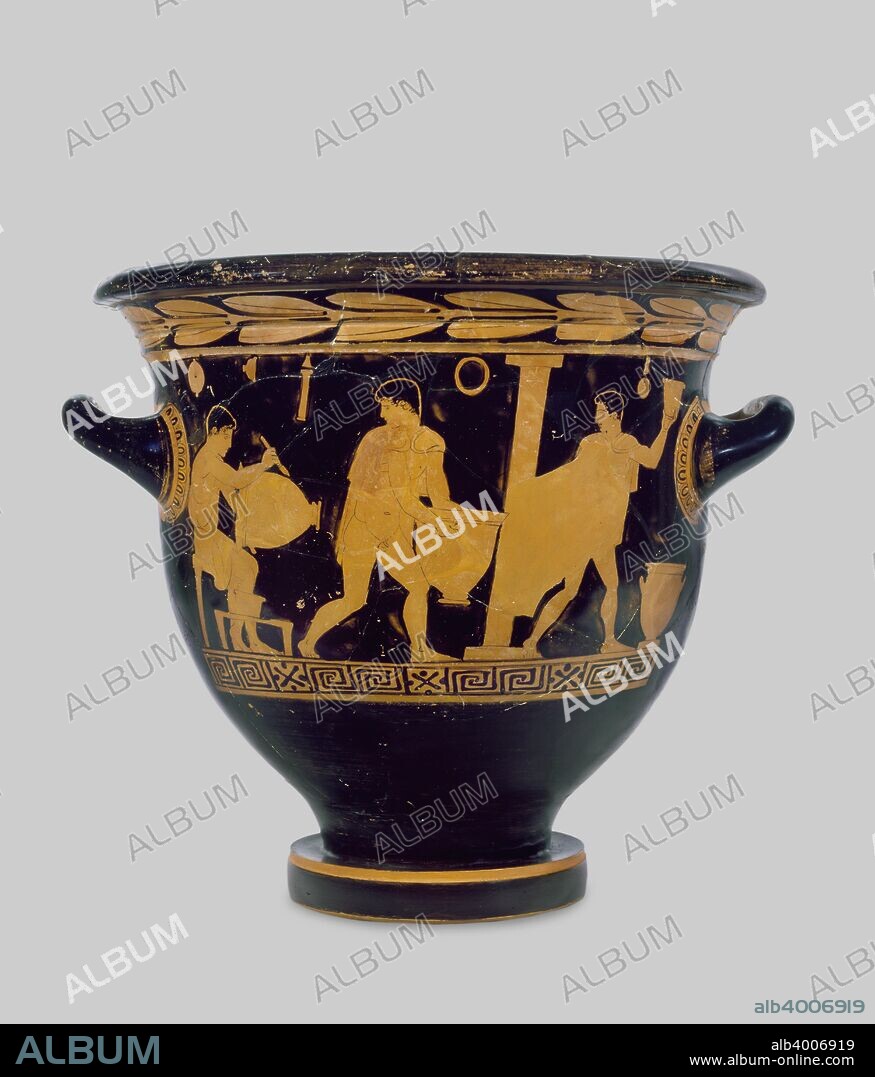 Attic red-figure bell-crater, 430-425 BC. Athenian red-figure bell-crater (wine-mixing bowl); (A) potter's workshop - youth painting a bell-crater, another carrying a second bell-crater to where a third such vase stands; a third youth carries a skyphos; (B) Three youths; much restored. Dimensions: height: 35 cmdiameter: 38 cm.