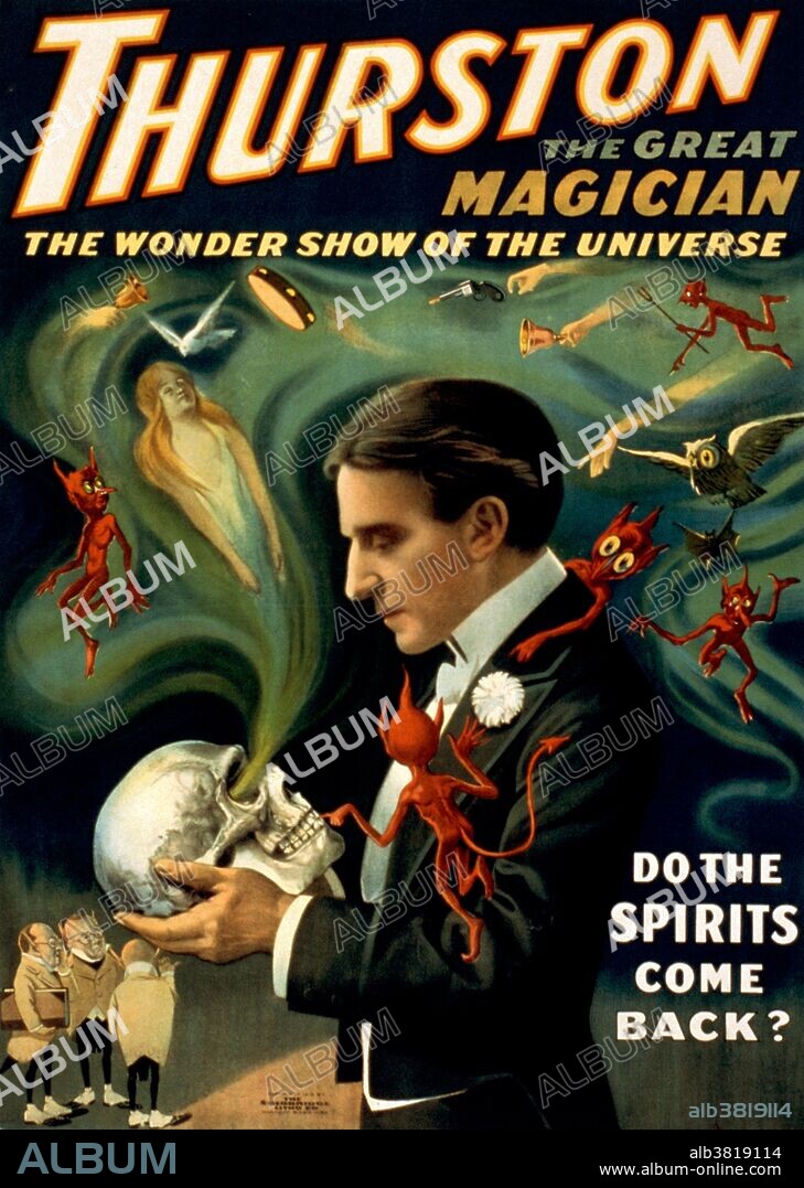 Entitled: "Thurston the great magician the wonder show of the universe" lithograph poster created by the Strobridge Lithographing Company, 1915. Magic has a long history of being associated with the devil and the dark arts. The explosion of devilish advertisements took place when magicians moved from using simple printed playbills to elaborate full color lithographs. Howard Thurston (July 20, 1869 - April 13, 1936) was an American stage magician. His childhood was unhappy and he ran away to join the circus, where his future partner Harry Kellar also performed. Thurston was deeply impressed after he attended magician Alexander Herrmann's magic show and was determined to equal his work. He eventually became the most famous magician of his time. His traveling magic show was the biggest one of all; it was so large that it needed eight train cars to transport his road show. He is still famous for his work with playing cards. He continued presenting the Thurston-Kellar Show following the retirement of Kellar. The Thurston show became an institution. He kept up the grind for about thirty years until, on March 30, 1936, he suffered a stroke from a cerebral hemorrhage. He died two weeks later at the age of 66. His death was attributed to pneumonia.