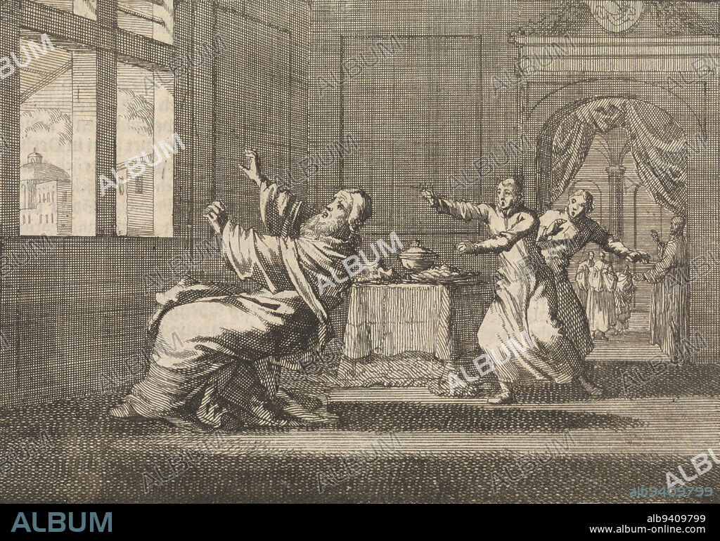Pope Innocent XII falls backwards in front of the window of the Quirinal shortly after his election, 1691, print maker: Jan Luyken, publisher: Pieter van der Aa (I), print maker: Amsterdam, publisher: Leiden, 1698, paper, etching, letterpress printing, h 111 mm × w 154 mm.