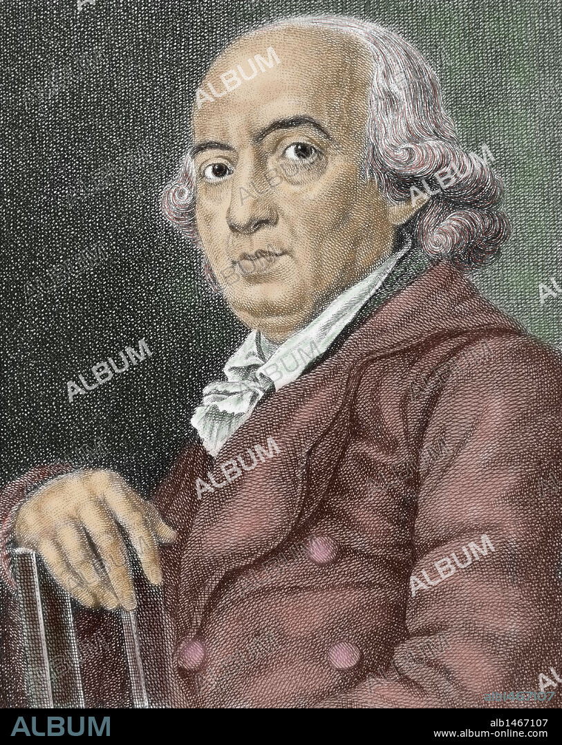 HERDER, Johann Gottfried (Mohrungen, Prusia Oriental, 1744-Weimar, 1803). Escritor y filósofo alemán. Estudió medicina, teología y filosofía en Königsberg con Kant y Hamann. Sus obras son una réplica al racionalismo y una inspiración para el joven movimiento literario alemán "Sturm und Drang". Grabado coloreado.