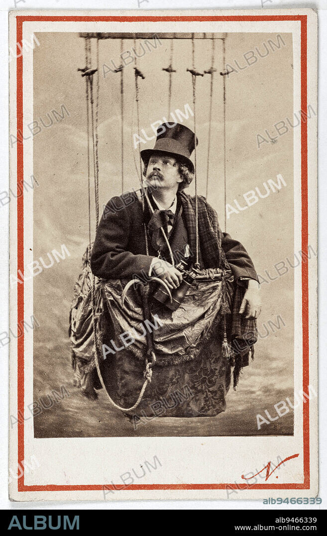 Portrait of Nadar, (Félix Tournachon dit, 1820-1910) writer, caricaturist, Photographe and aéronaute, dans une nacelle de montgolfière., Atelier Nadar, Photographer, Between 1861 and 1890, 2nd half of the 19th century, Photography, Graphic arts, Photography, Albumen paper print, Dimensions - Work: Height: 8.5 cm, Width: 5.5 cm, Dimensions: Height: 10.3 cm, Width: 6.5 cm.