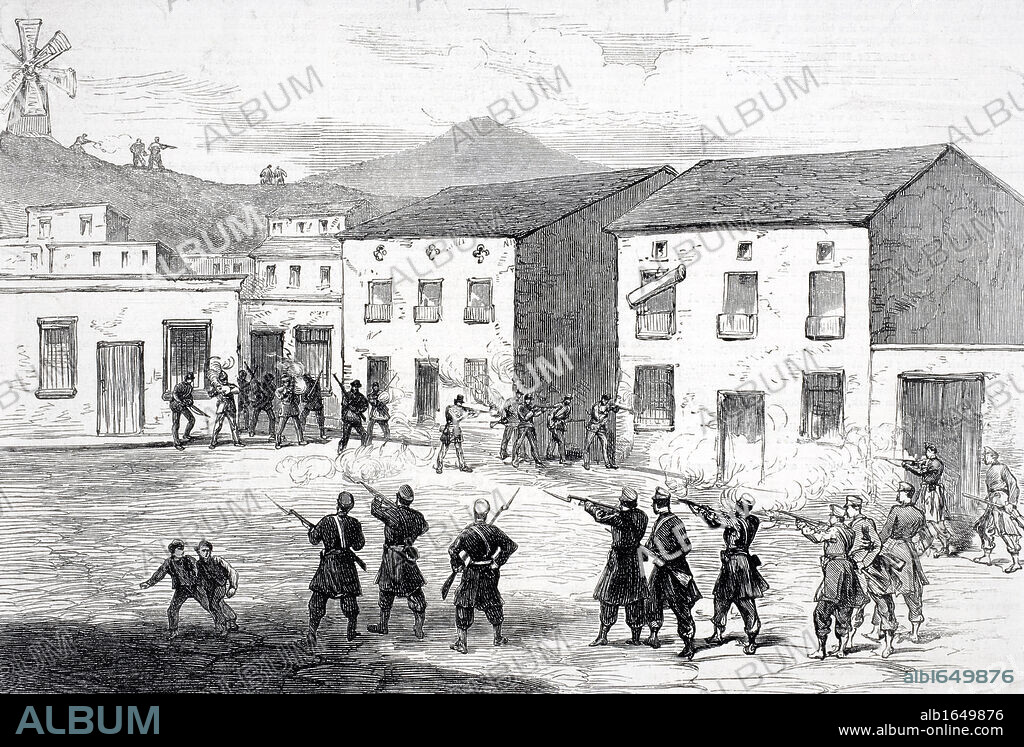 Carabiniers resisting the insurgents at Cartagena Murcia Province Spain during 3rd Carlist War from Illustrated London News October 4 1873.